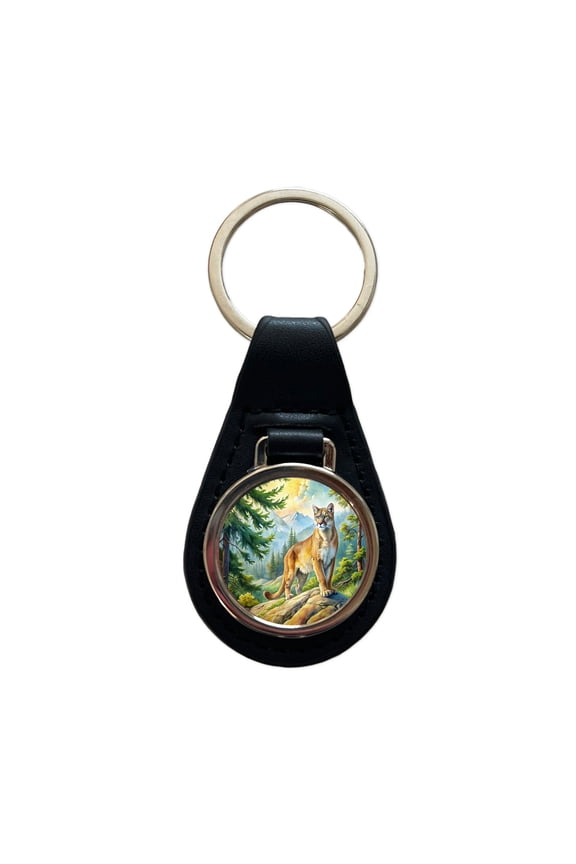 Mountain Lion Cougar In Woods Watercolor Metal Black Leather Keychain