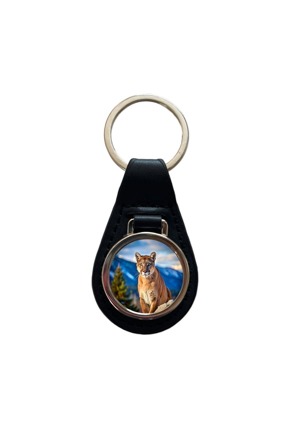 Mountain Lion Cougar Metal Black Leather Keychain