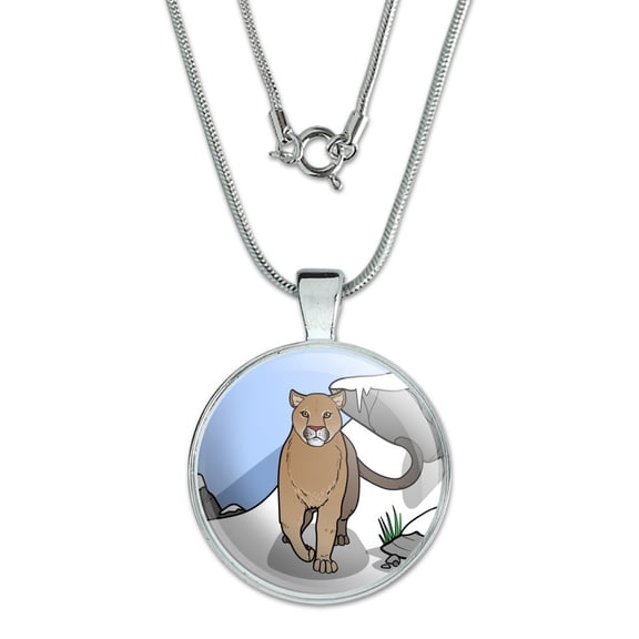 Mountain Lion Cougar Puma Panther Snow 1" Pendant with Sterling Silver Plated Chain