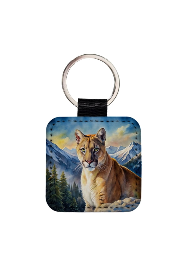 Mountain Lion Cougar Watercolor Faux Leather Square Keychain