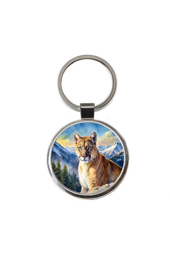 Mountain Lion Cougar Watercolor Metal Round Keychain