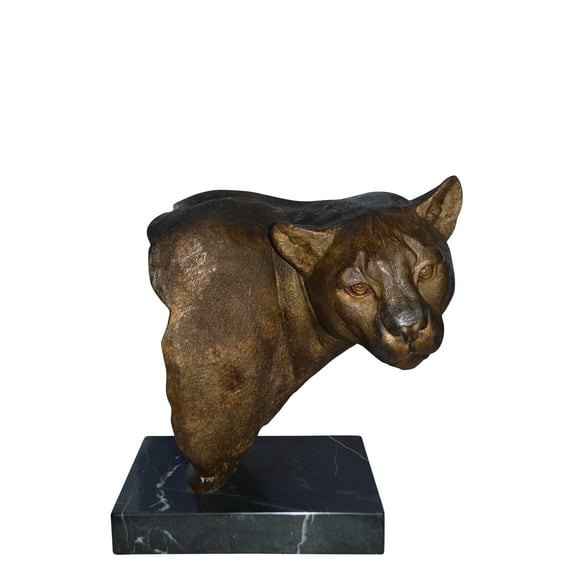 Mountain Lion Head bronze statue on a marble base - Size: 18"L x 15"W x 21"H.