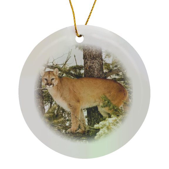 3drose, Mountain Lion in a Tree in Winter, Montana., Circle Porcelain Ornament