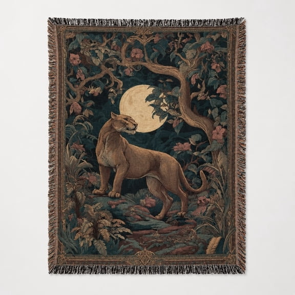 Mountain Lion Moon Woven Cotton Throw Blanket with Fringe