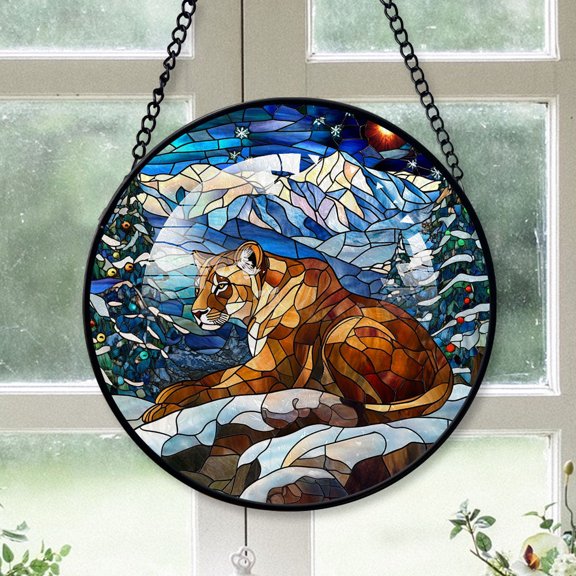 Mountain Lion Ornament Christmas 2025, Mountain Lion Stained Glass Window Panel  Handcrafted Art Sun Catcher for Bright and Cheerful Homes