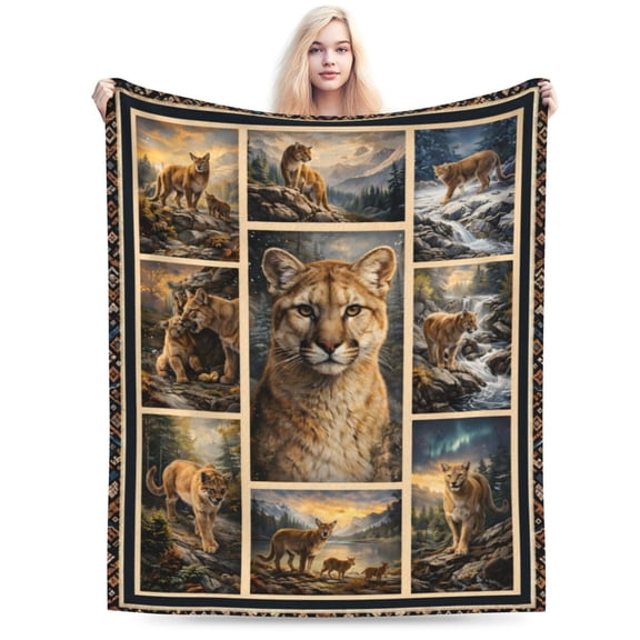 Mountain Lion Wildlife Collage Art Throw Blanket, Soft Cozy Fleece Decorative Blanket for Bed Sofa Couch All Season 50x40