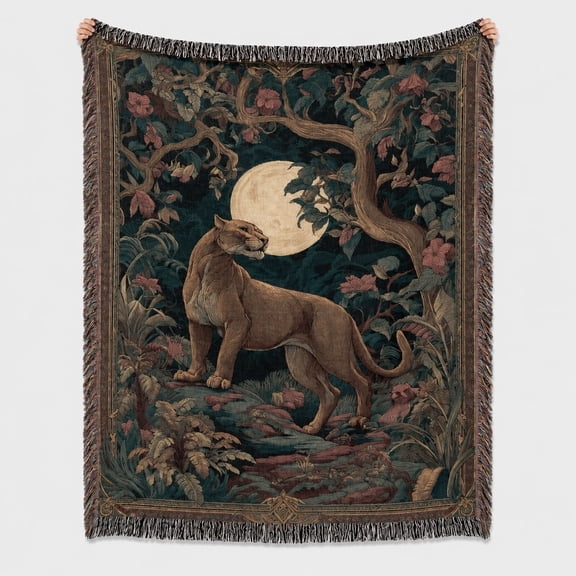 Mountain Lion Woven Throw Blanket 100% Cotton | Cougar Moonlight Tapestry Art | Fringed Cotton Throw | 3 Sizes