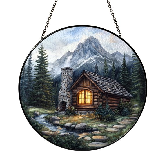 Mountain Log Cabin Stained Glass Suncatcher with Woodland Landscape Design, Round Window Hanging Rustic Decor