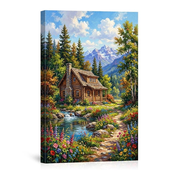 Mountain Log Cabin With Wildflower Stream Rustic Country Nature Home USA Made Canvas