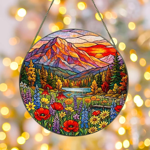 Mountain Lupine Stained Glass Suncatcher, Sunset Forest Window Hanging, Nature Inspired Glass Art, Scenic Gift for Home Decor