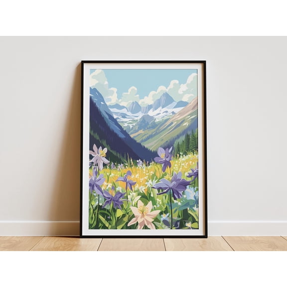 Mountain Meadow Columbines Poster Nature Poster Flower Meadow Landscape Botanical Illustration Wildflower Poster Floral Wall Art Home, Poster Only