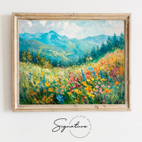 Mountain Meadow in Full Bloom Art Poster, Lush Wildflower Landscape, Bright Nature Wall Art, Rustic Summer Meadow Decor for Living Room 866 Unframed Paper Print