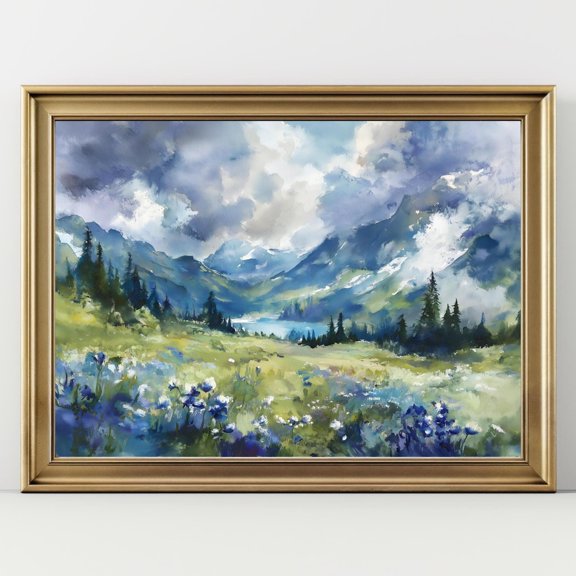 Mountain Meadow Landscape Wall Art Alpine Wildflowers Decor, UNFRAMED Size 16x16