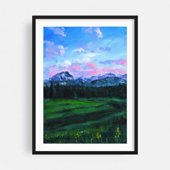 Mountain Meadow - Painting Landscape Nature Scenic Pastel Sunset Wilderness Black Framed Wall Art Print 6 x 8 inches
