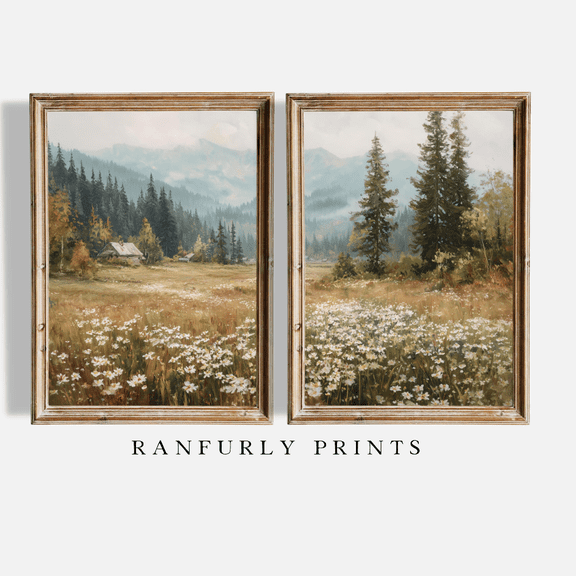 Mountain Meadow Rustic Landscape Poster Set 2 Prints Set 2 , Poster Only