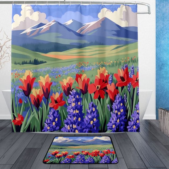 Mountain Meadow Scene Bathroom Accessory Sets Waterproof Shower Curtain with Anti-Slip Bath Mat Durable Combo