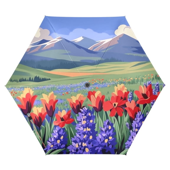 Mountain Meadow Scene Folding Umbrella UV50+ Waterproof Sun Protection Auto Open Close Compact Fiberglass Frame
