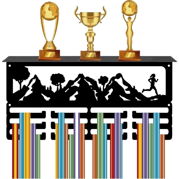 Mountain Medal Hanger Display Trophy Holder Shelf Metal Black Runner Rectangle Wall Mount Ribbon Awards Rack Stand