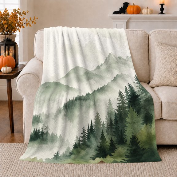 Mountain Mist Evergreen Forest Foggy Woodland Landscape Serene, Peaceful Mountain Lake Scene, Warm Flannel Blanket for Cabin and Lodge, Outdoor Lovers Camping Gift, Rustic Home Decor