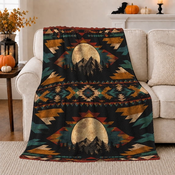 Mountain Moon Aztec Tribal Pattern Teal Orange, Peaceful Mountain Lake Scene, Warm Flannel Blanket for Cabin and Lodge, Outdoor Lovers Friendship Gift, Artistic Home Decor