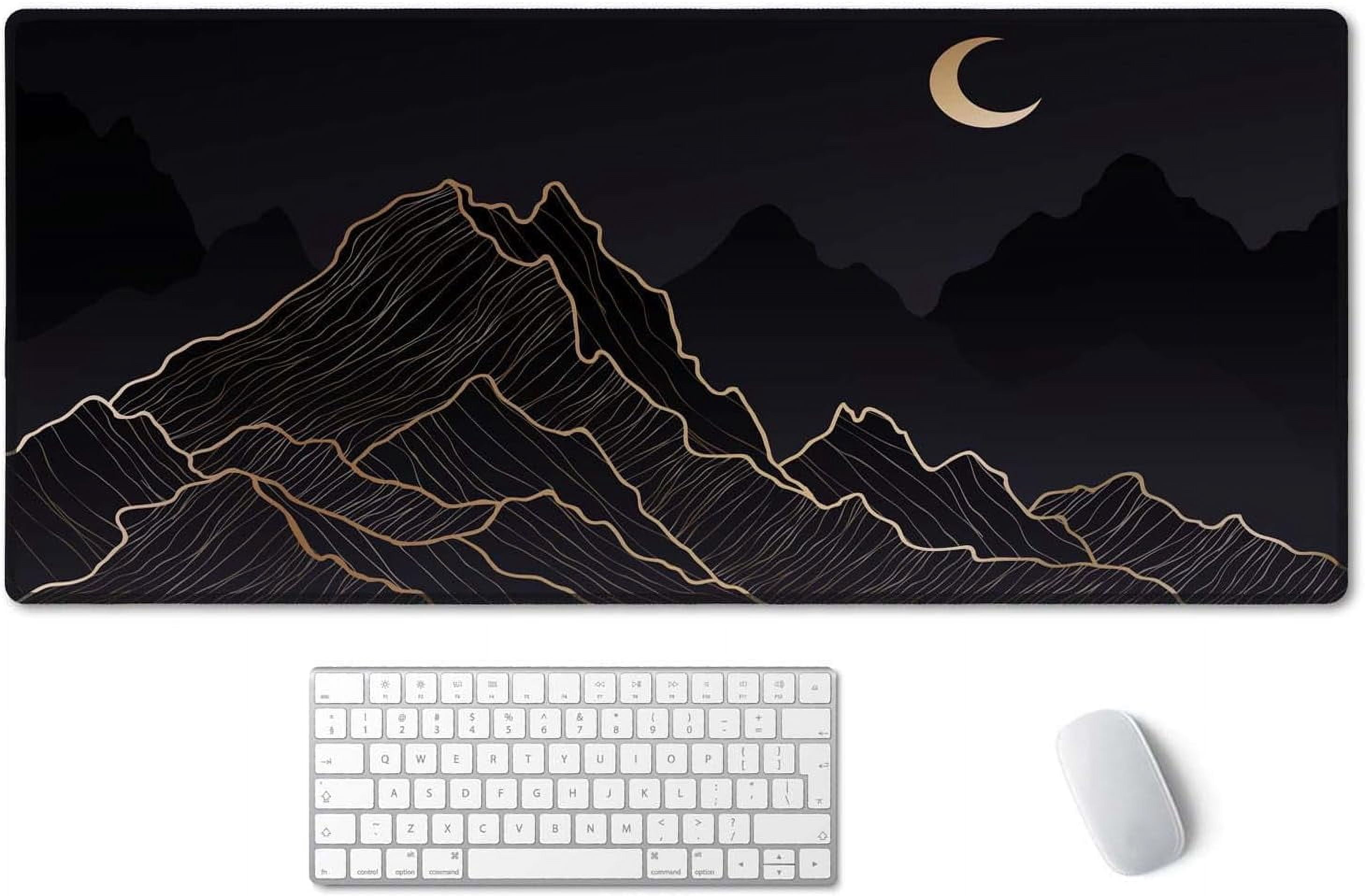Mountain & Moon Landscape Black Desk Mat, Boho Desk Mat, Mountain Desk Mat, Large Mouse Pad, Full Desk XXL Extended Gaming Mouse Pad 35.4" x 15.7", Waterproof Desk Mat Stitched Edges