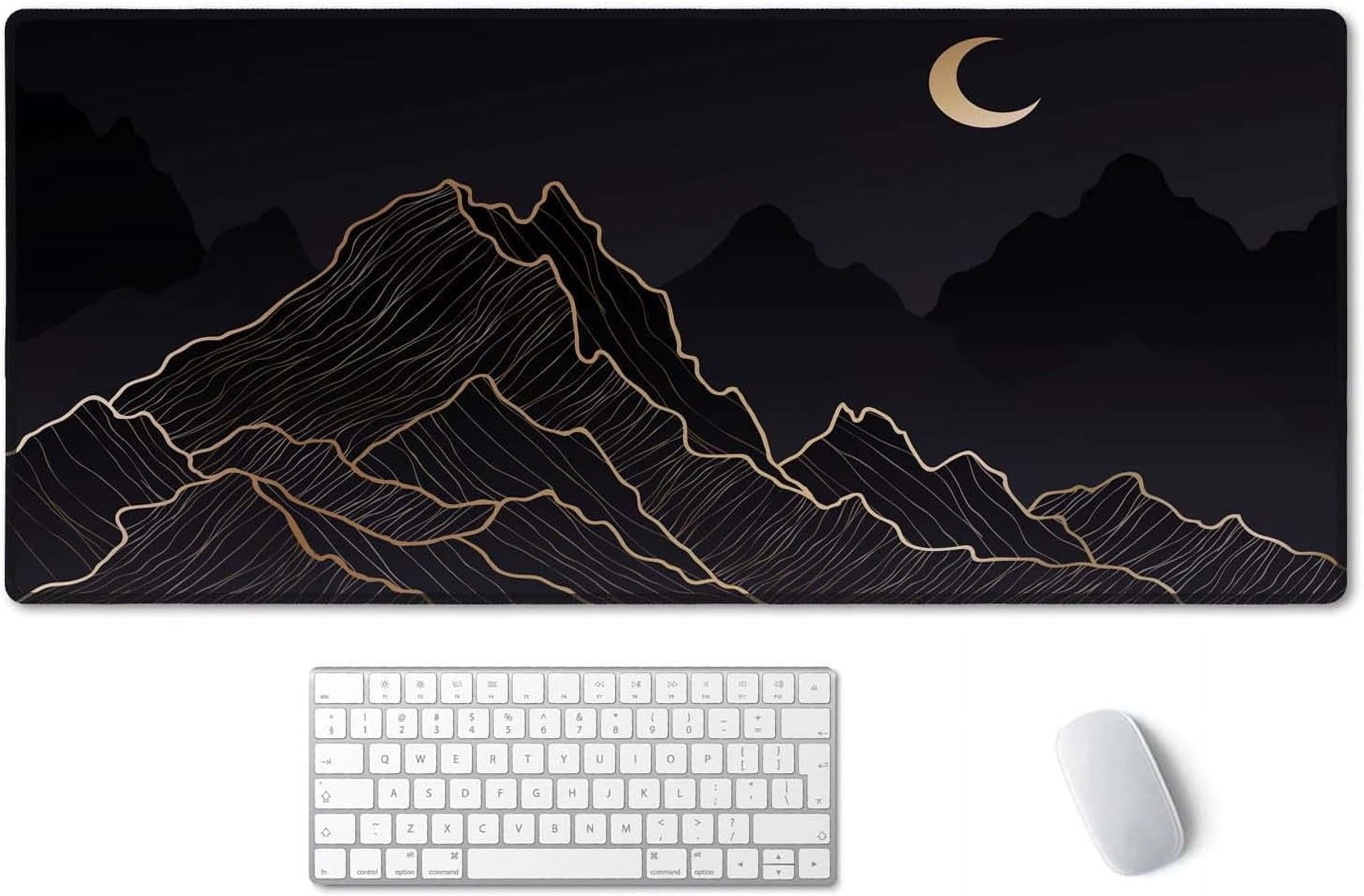Mountain & Moon Landscape Black Desk Mat, Boho Desk Mat, Mountain Desk Mat, Large Mouse Pad, Full Desk XXL Extended Gaming Mouse Pad 35.5" X 15.7", Waterproof Desk Mat Stitched Edges