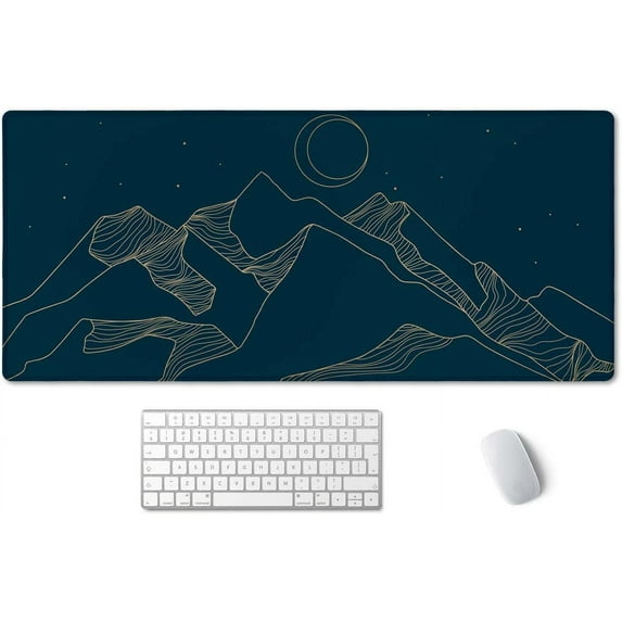 Mountain & Moon Landscape Blue Desk Mat, Extended Gaming Mouse Pad 35.4x15.7 in, Large Non-Slip Rubber Base Mousepad with Stitched Edges, Waterproof Keyboard Mouse Mat Desk Pad for Office, Home