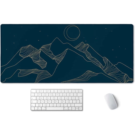 Mountain & Moon Landscape Blue Desk Mat, Extended Gaming Mouse Pad 35.4x15.7 in, Large Non-Slip Rubber Base Mousepad with Stitched Edges, Waterproof Keyboard Mouse Mat Desk Pad for Office, Home