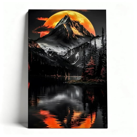 Mountain Moon Reflection Canvas Wall Art, Dramatic Black And Orange Nature Landscape Decor, Serene Lake And Forest Artwork For Bedroom, Living Room, Office, Ready To Hang 8*12inch(20*30cm)