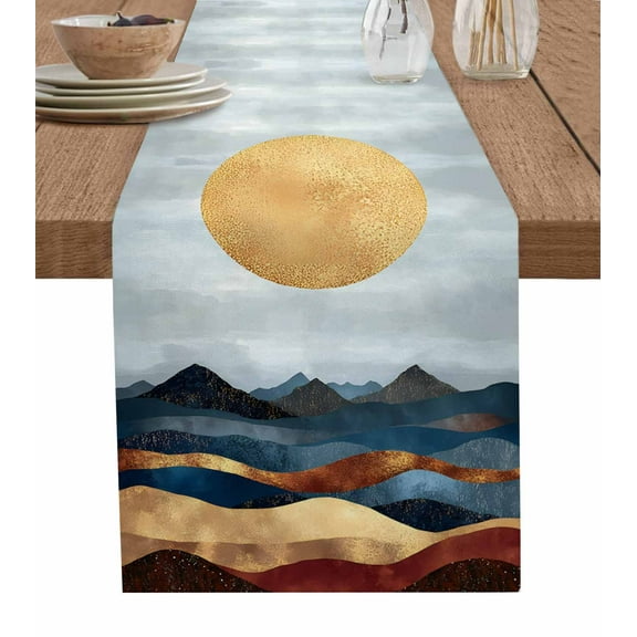 Mountain Moon Table Runner 36 Inches, Abstract Art Scenery Modern Bed Runner Dresser Scarves Tabletop for Indoor Outdoor Parties/Ceremony/Banquet, 13"x 36"