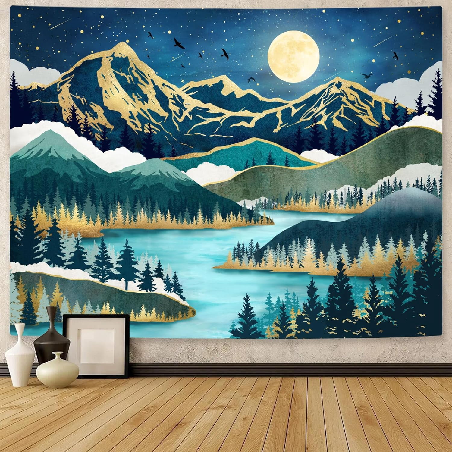 Mountain Moon Tapestry, Nature Forest Tree Lake Landscape Tapestries ...