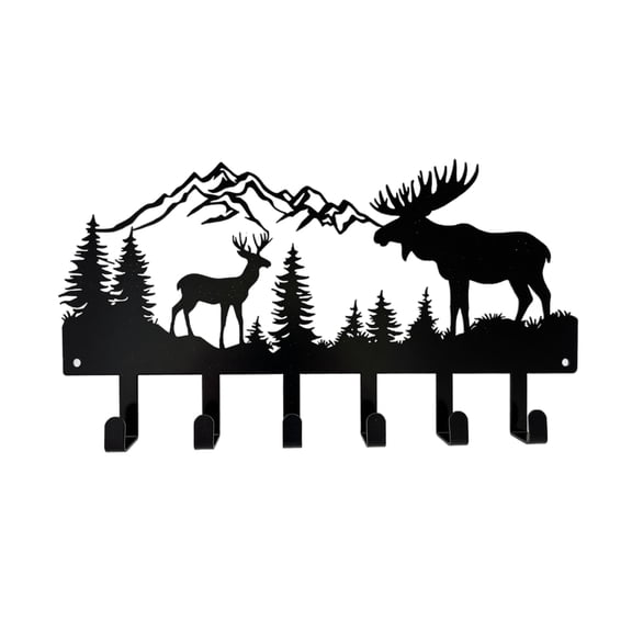 Mountain Moose Key Holder, Deer Mountain Metal Key Holder Wall Mount Key Holder for Wall Rustic Cabin Decor Key Rack Hooks Hanger Woodland Entryway Organizer Housewarming Hunting Gifts, Black