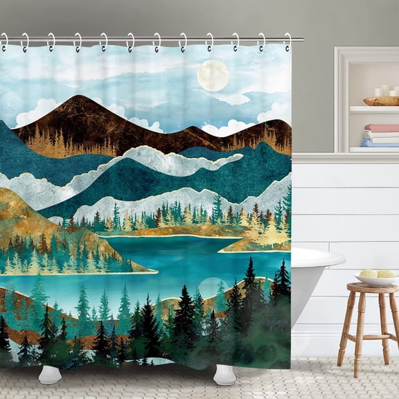 Mountain Nature Shower Curtain, Lake Green Trees Landscape Sun Sunset Waterproof Art Shower, 72" x 72"