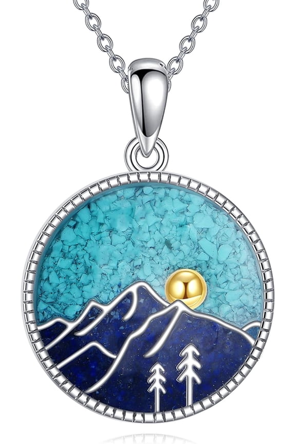 Mountain Necklace for Women 925 Sterling Silver Mountain Pendant Turquoise Sandstone Abalone Jewelry Gift for Skiers, Hikers, Campers, Climbers, and Nature Lovers