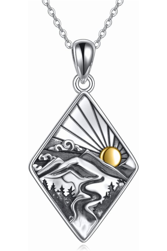 Mountain Necklace for Women Range River Cloud Sunrise Sterling Silver Pendant Nature Graduation Jewelry for Womens Hiker Camper Climber