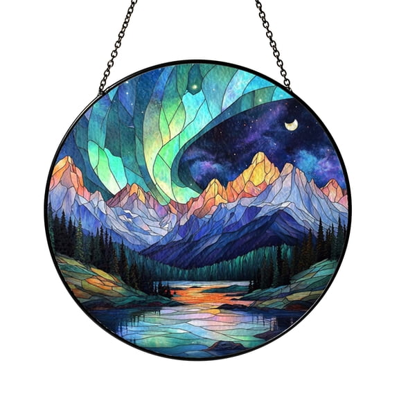 Mountain Night Aurora Scene Stained Glass Style Decorative Window Panel, Hanging Art