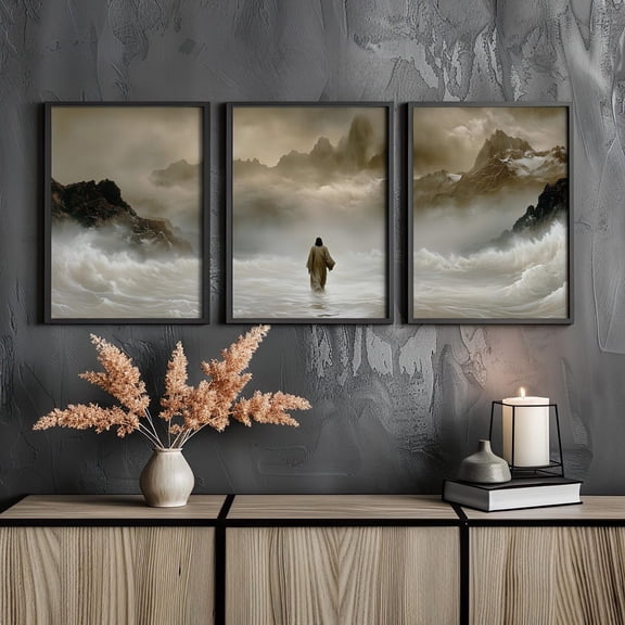 Mountain Ocean Walk Scene Beige Wall Art Set 3 Stretched Canvas 12x18
