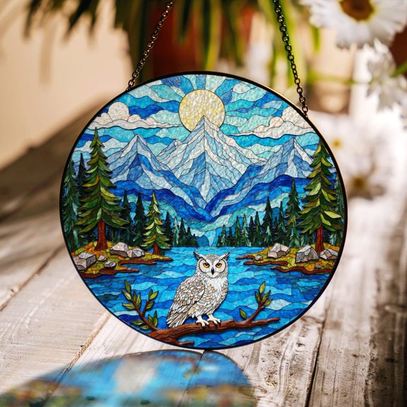 Mountain Owl Forest Scene Round Suncatcher, Window Hanging, 7.9 in