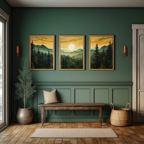 Mountain Painting Panoramic Landscape Triptych Set of 3 Misty Forest Wall Art Set 3