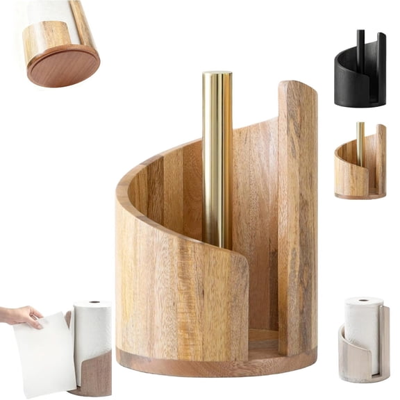 Mountain Paper Towel Holder 100% Natural Mango Wood, Mountain Paper Towel Holder Countertop with Mango Wood Round Base and Iron Holder, No Tools Or Installation Required (Brown)