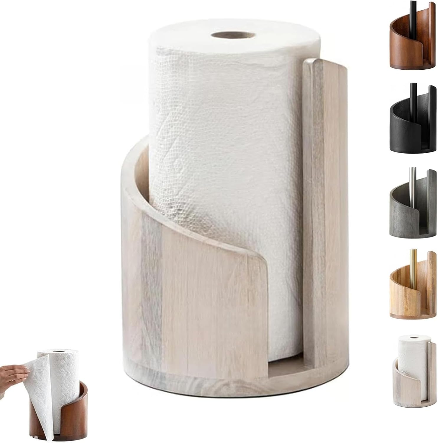 Mountain Paper Towel Holder Countertop with Mango Wood Round Base and Iron Holder, Wood Paper Towel Holders Countertop, Easy One-Handed Operation for Kitchen Bathroom (Natural Wood)