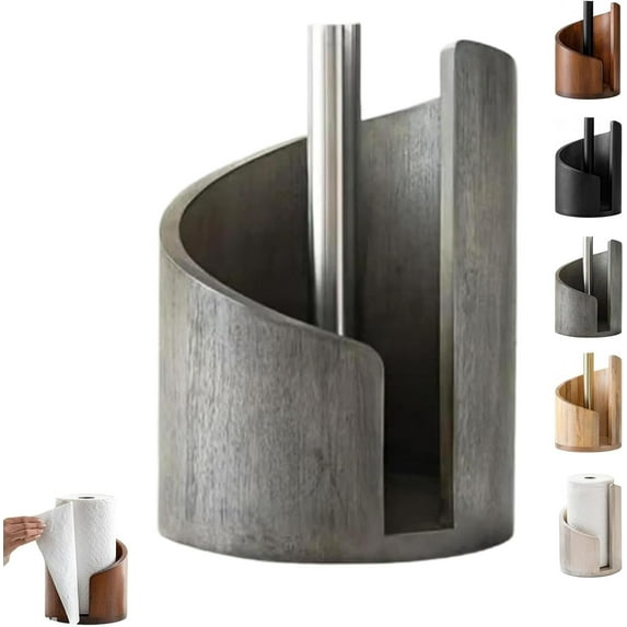Mountain Paper Towel Holder Countertop with Mango Wood Round Base and Iron Holder, Wood Paper Towel Holders Countertop, Easy One-Handed Operation for Kitchen Bathroom (Natural Wood)