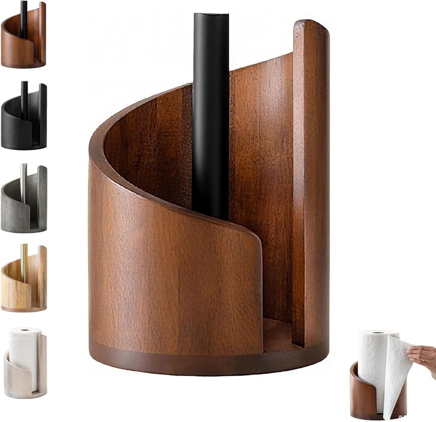 Mountain Paper Towel Holder Countertop with Mango Wood Round Base and Iron Holder, Wood Paper Towel Holders Countertop, Effortless One-Hand Tearing, Holds Jumbo and Mega Rolls