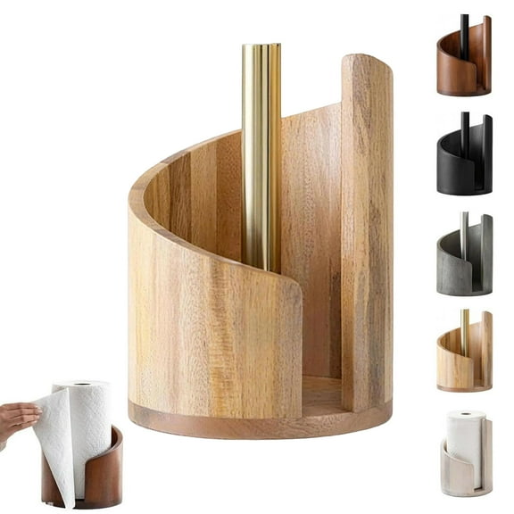 Mountain Paper Towel Holder Countertop with Wood Round Base and Iron Holder, Wood Paper Towel Holders Countertop, Easy One-Handed Operation for Kitchen Bathroom, Beige