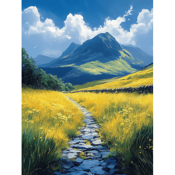 Mountain Path Summer Meadow Stone Wall Landscape Canvas Print/Wall Art Suitable for Living Room Bedroom Office Hallway and Kitchen Decoration.