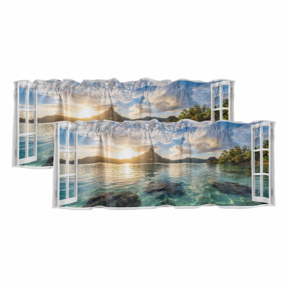 Mountain Peak 2 Panels Kitchen Valance, Summer Tropical Casement Window Sunset Sky Aqua Curtains Valances for Small Windows Rod Pocket Window Treatments for Living Room Bedroom 42" W x 12" L