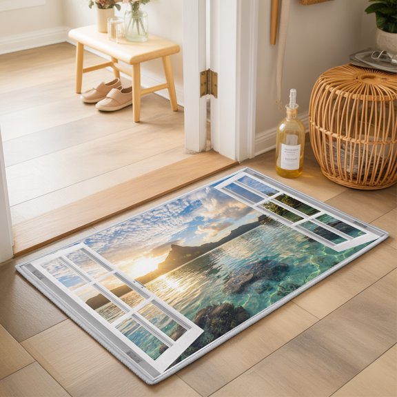 Mountain Peak 2'x3' Small Rugs for Entryway Front Door Kitchen Sink Area, Summer Tropical Casement Window Sunset Sky Aqua Soft Sturdy Mats Washable Non Slip Rectangle Area Rug