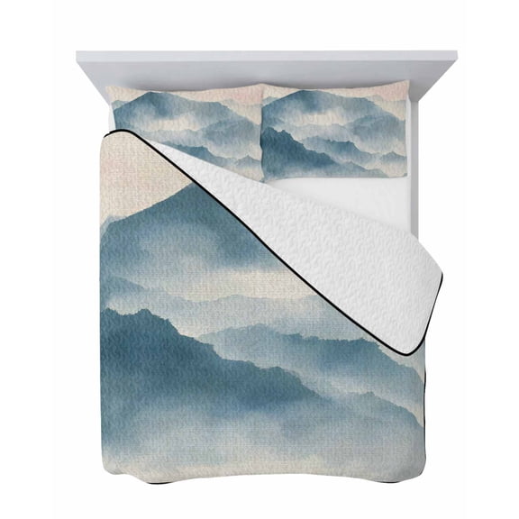 Mountain Peak 3 Piece Quilt Set King Size, Modern Mist Teal Blue Ink Wash Gradient Fog Country Soft Bedspread Coverlet Bedding Set Microfiber Lightweight Comforter Set with 2 Pillowcases for Bedroom
