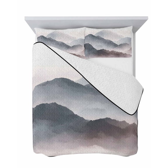 Mountain Peak 3 Piece Quilt Set Twin Size, Modern Mist Gray Black Gradient Fog Country Soft Bedspread Coverlet Bedding Set Microfiber Lightweight Comforter Set with 2 Pillowcases for Bedroom