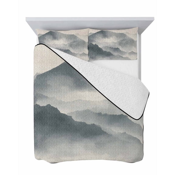 Mountain Peak 3 Piece Quilt Set Twin Size, Modern Mist Gray Ink Wash Gradient Fog Country Soft Bedspread Coverlet Bedding Set Microfiber Lightweight Comforter Set with 2 Pillowcases for Bedroom